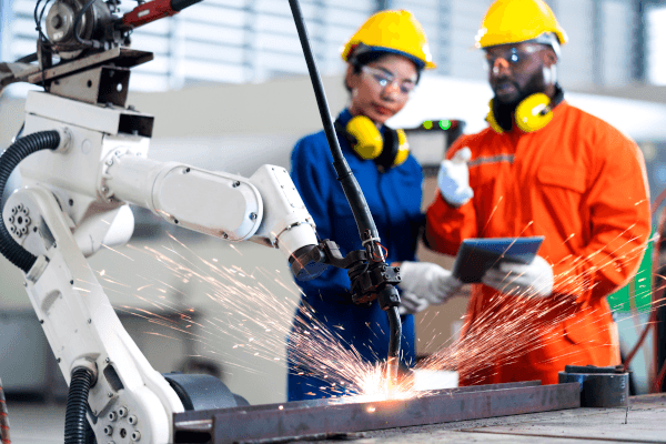 Two machine operators program a welding robot on a tablet
